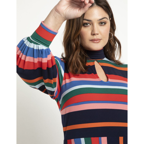 Elouqii Dress Womens 14 Multicolor Striped Keyhole Long Puff Sleeves A Line Midi - Picture 5 of 15
